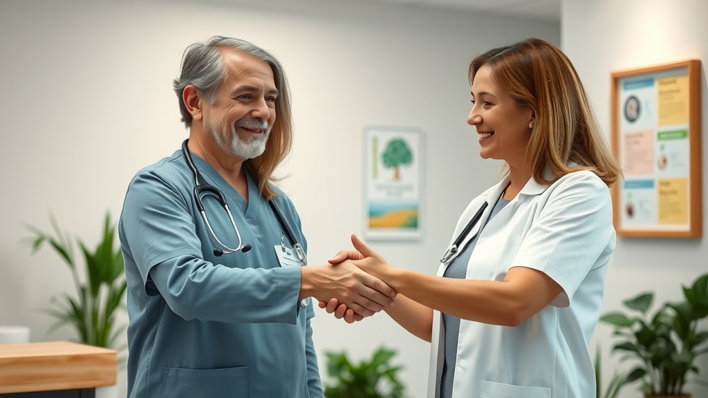 Professional healthcare provider and patient in DFW TX shaking hands after positive results in enhanced health care DFW TX model