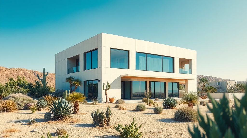 Modern green building with drought-tolerant landscaping and solar panels in arid region for water conservation technologies