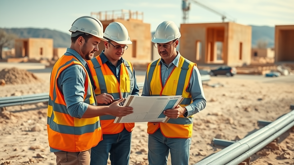 Engineers planning water conservation technologies for green construction at a desert construction site in arid region
