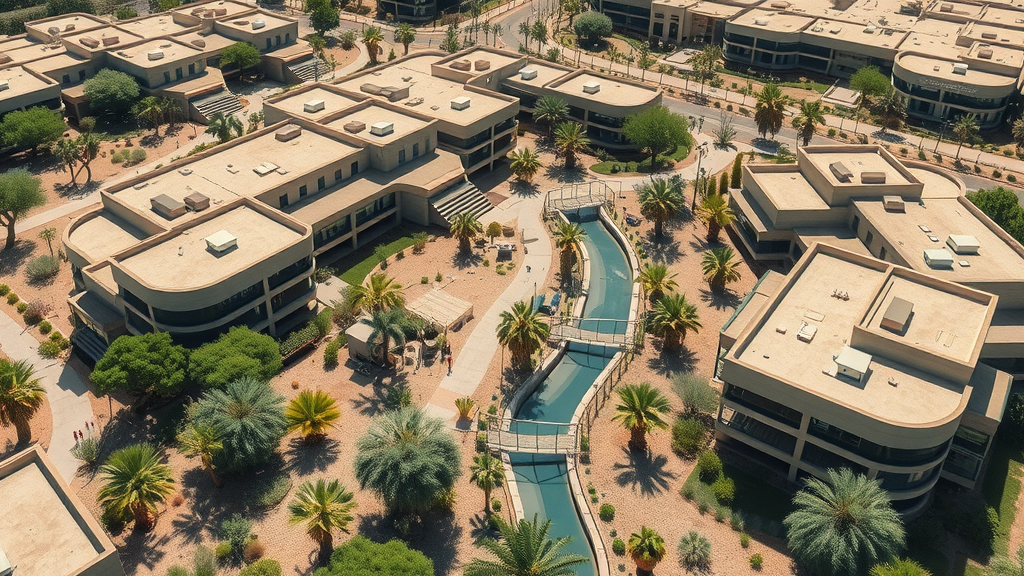 Green building complex with xeriscaping and water-management features in arid region