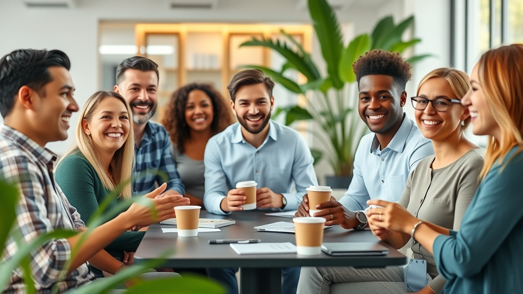 Welcoming diverse office team showing employee appreciation through open discussion in a budget-friendly, positive work environment
