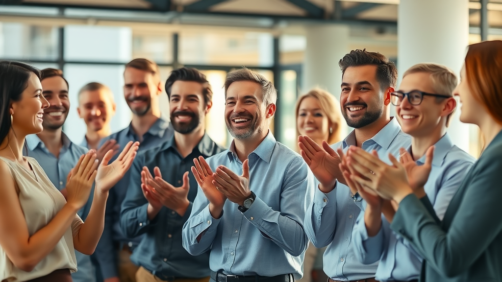 Satisfied employees applauded for hard work as part of a recognition program promoting job satisfaction and employee engagement