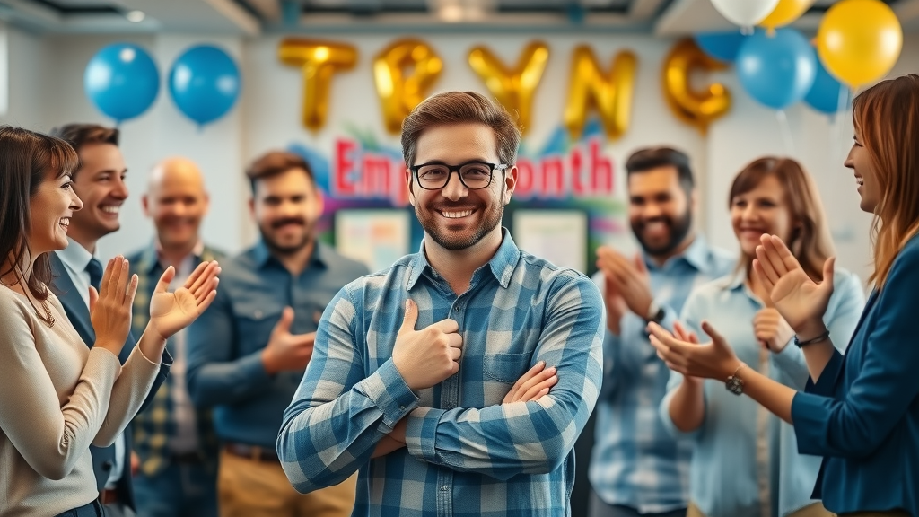 Team celebrating Employee of the Month as a central part of a cost-effective employee recognition program for staff value and engagement