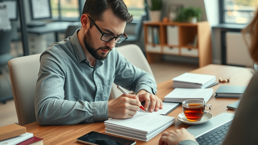Manager showing employee appreciation by writing personalized thank-you notes as part of a cost-saving recognition program
